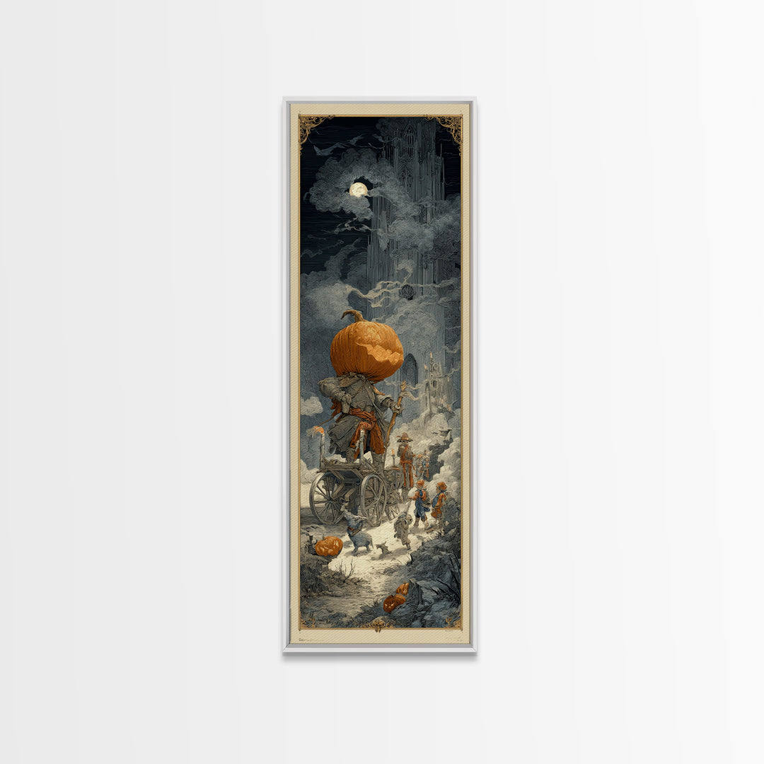 The Pumpkin-Headed Tea Merchant, Gothic Engraving Art, Tall Narrow Wall Art, Dark Fantasy Wall Art, Framed Canvas Print