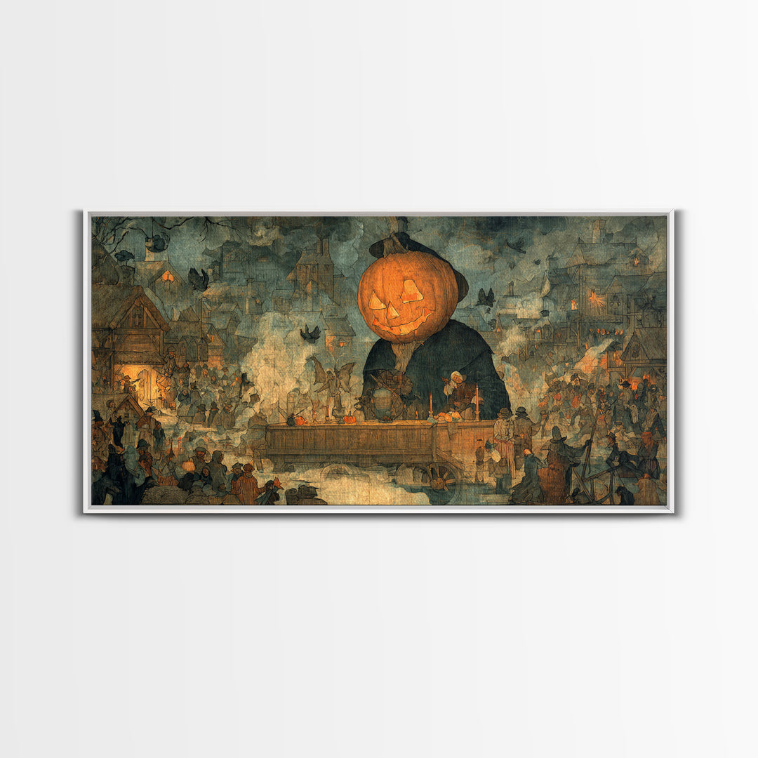 The Pumpkin-Headed Tea Merchant, Northern Renaissance Horror, Wide Panoramic Art, Gothic Horror Wall Art, Canvas Print