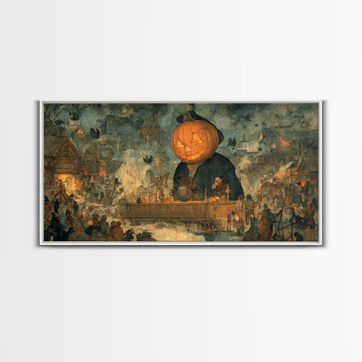 The Pumpkin-Headed Tea Merchant, Northern Renaissance Horror, Wide Panoramic Art, Gothic Horror Wall Art, Canvas Print
