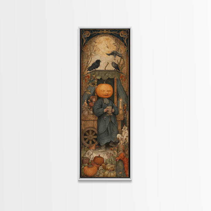 The Pumpkin-Headed Tea Merchant, Dark Renaissance Art, Tall Narrow Wall Art, Dark Fantasy Wall Art, Canvas Print