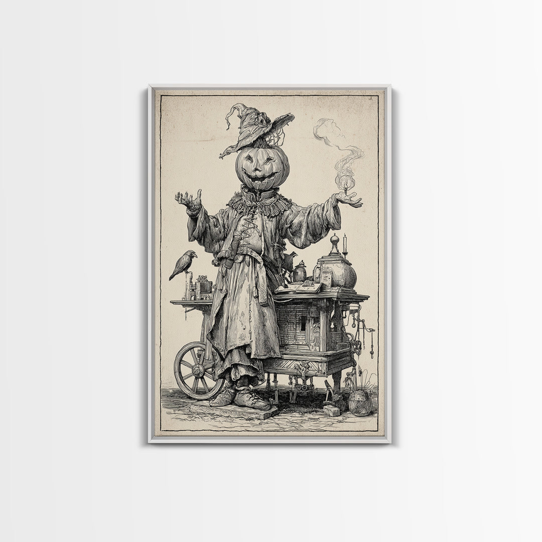 The Pumpkin-Headed Tea Merchant, Renaissance Engraving Art, Vertical Wall Art, Macabre Wall Art, Canvas Print, Halloween Wall Art