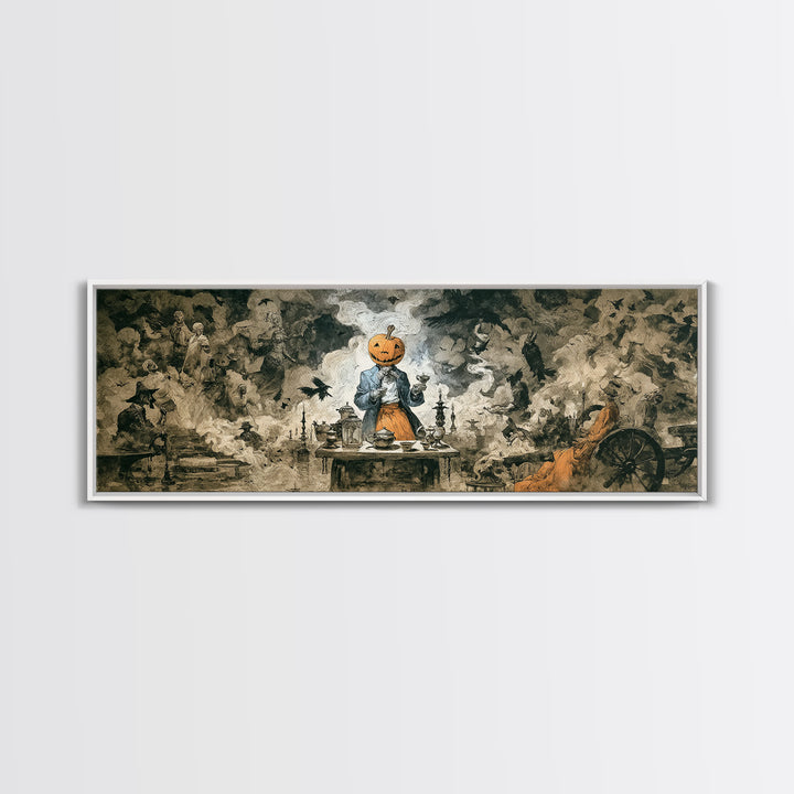 The Pumpkin-Headed Tea Merchant, Dark Romantic Horror Art, Extra Wide Wall Art, Gothic Horror Wall Art, Canvas Print, Halloween Wall Art