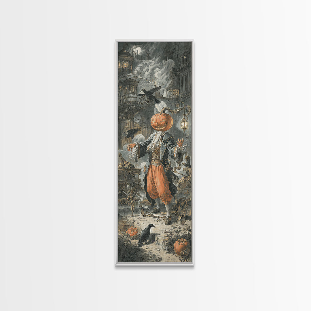 The Pumpkin-Headed Tea Merchant, Architectural Etching Art, Tall Narrow Wall Art, Dark Halloween Decor, Framed Canvas Print