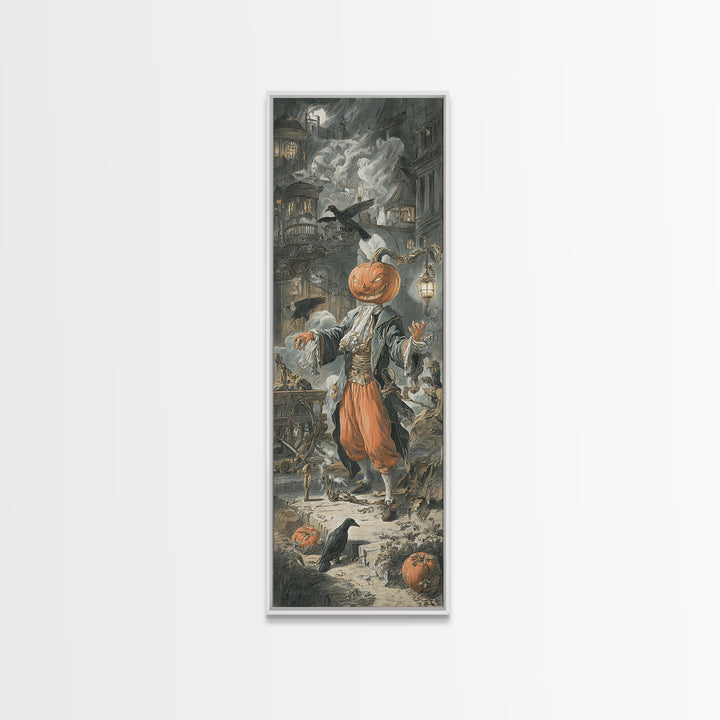 The Pumpkin-Headed Tea Merchant, Architectural Etching Art, Tall Narrow Wall Art, Dark Halloween Decor, Framed Canvas Print
