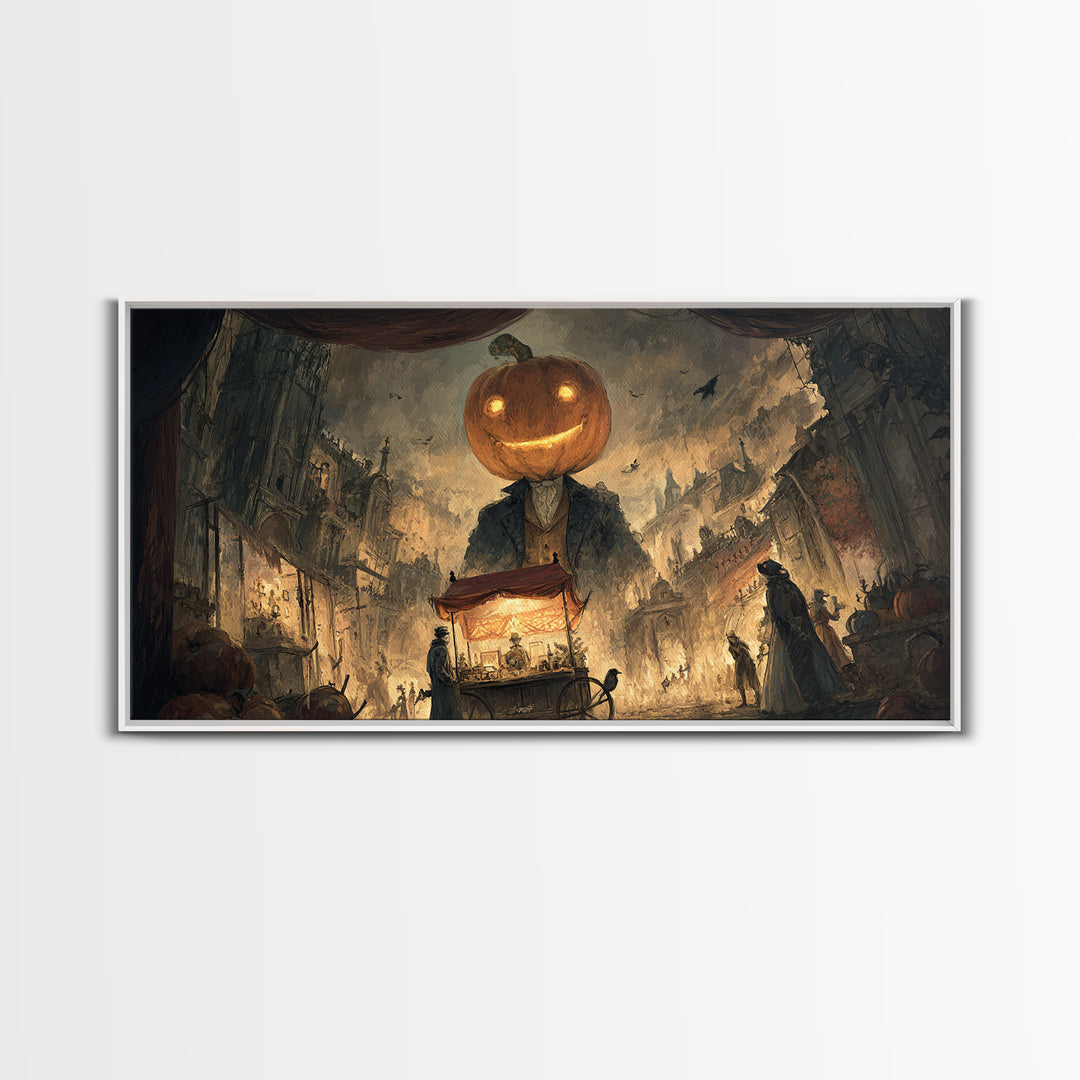 The Pumpkin-Headed Tea Merchant, Apocalyptic Romantic Art, Wide Panoramic Art, Dark Fantasy Wall Art, Framed Canvas Print, Halloween Decor