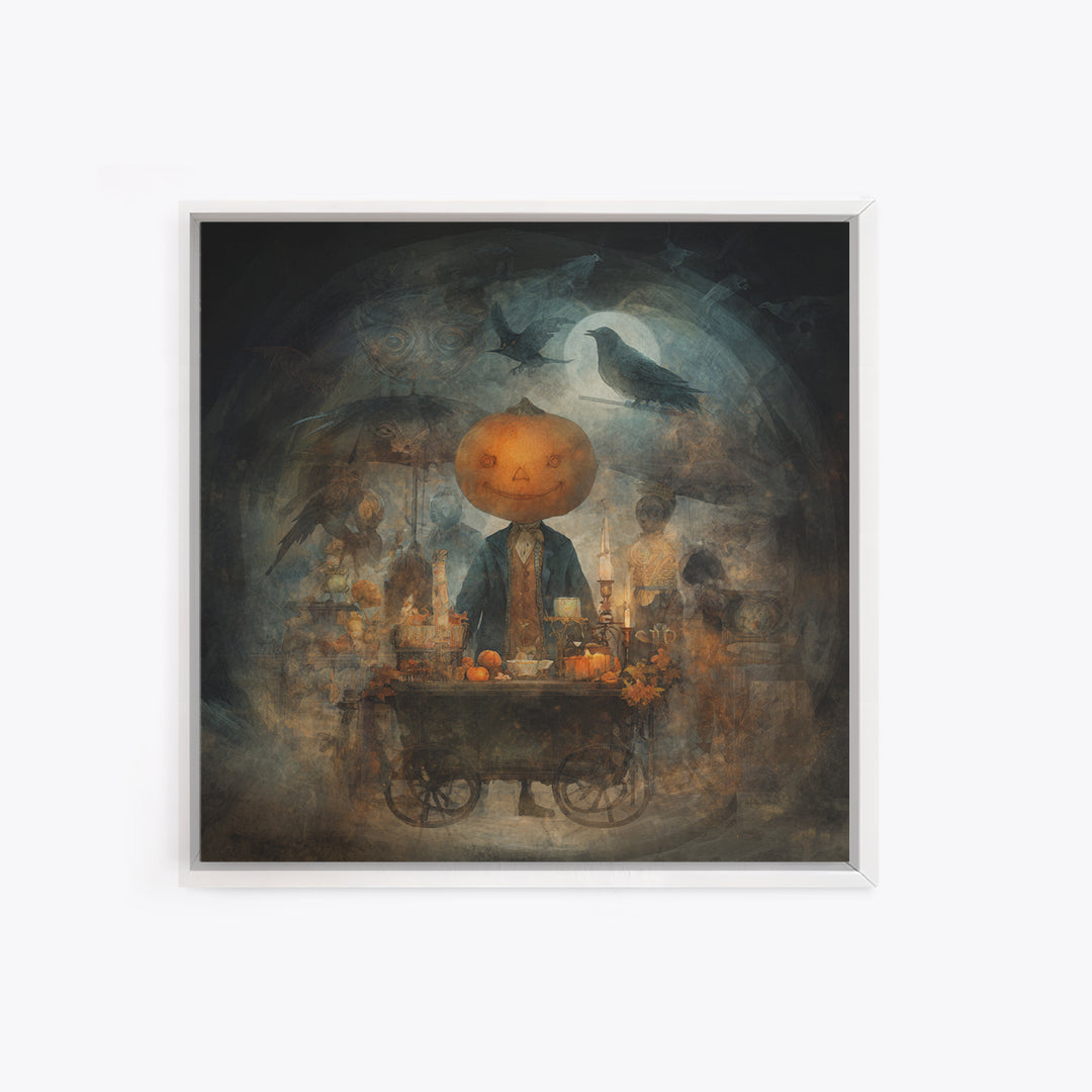 The Pumpkin-Headed Tea Merchant, Symbolist Dream Art, Square Wall Art, Dark Halloween Decor, Framed Canvas Print, Halloween Wall Art