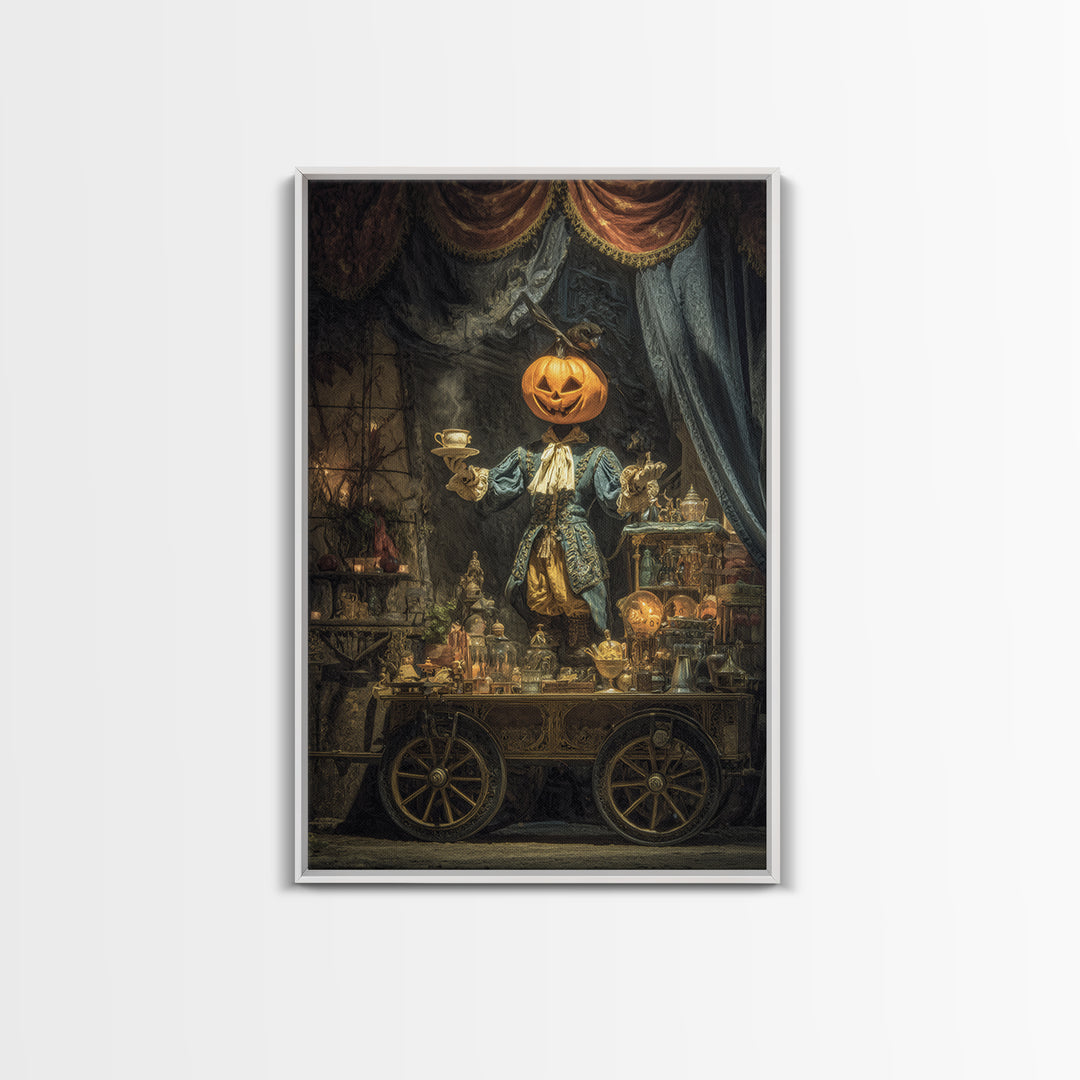 The Pumpkin-Headed Tea Merchant, Ornate Symbolist Art, Vertical Wall Art, Macabre Wall Art, Framed Canvas Print, Halloween Wall Art