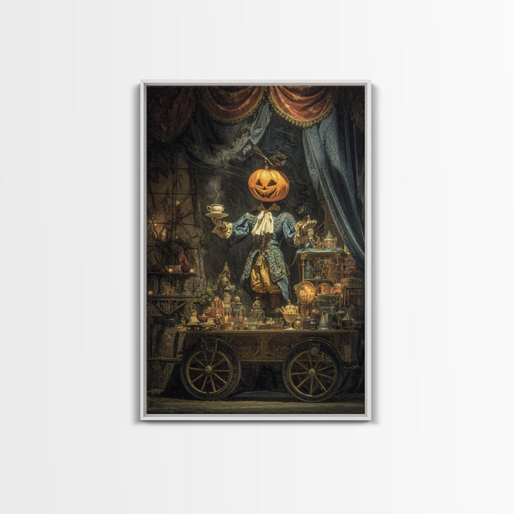 The Pumpkin-Headed Tea Merchant, Ornate Symbolist Art, Vertical Wall Art, Macabre Wall Art, Framed Canvas Print, Halloween Wall Art