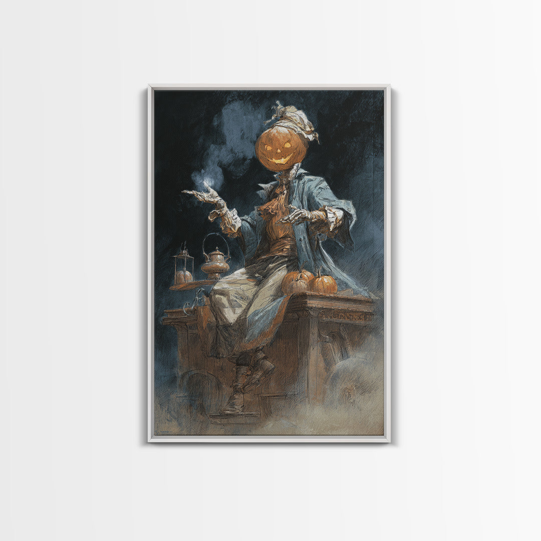 The Pumpkin-Headed Tea Merchant, Decadent Gothic Art, Vertical Wall Art, Dark Fantasy Wall Art, Canvas Print, Halloween Wall Art