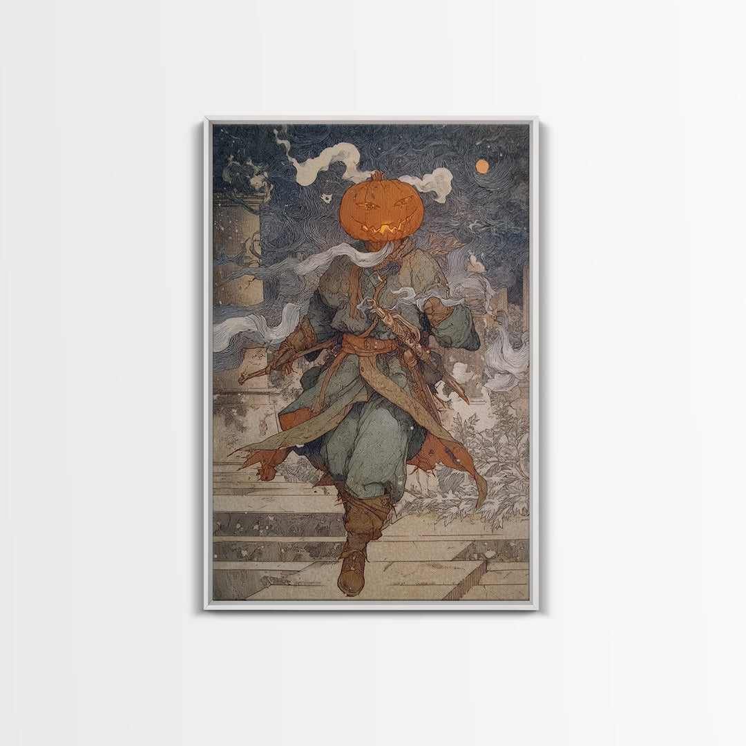 The Pumpkin-Headed Tea Merchant, Symbolist Death Art, Vertical Wall Art, Macabre Wall Art, Canvas Print, Halloween Wall Art