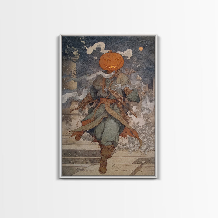 The Pumpkin-Headed Tea Merchant, Symbolist Death Art, Vertical Wall Art, Macabre Wall Art, Canvas Print, Halloween Wall Art