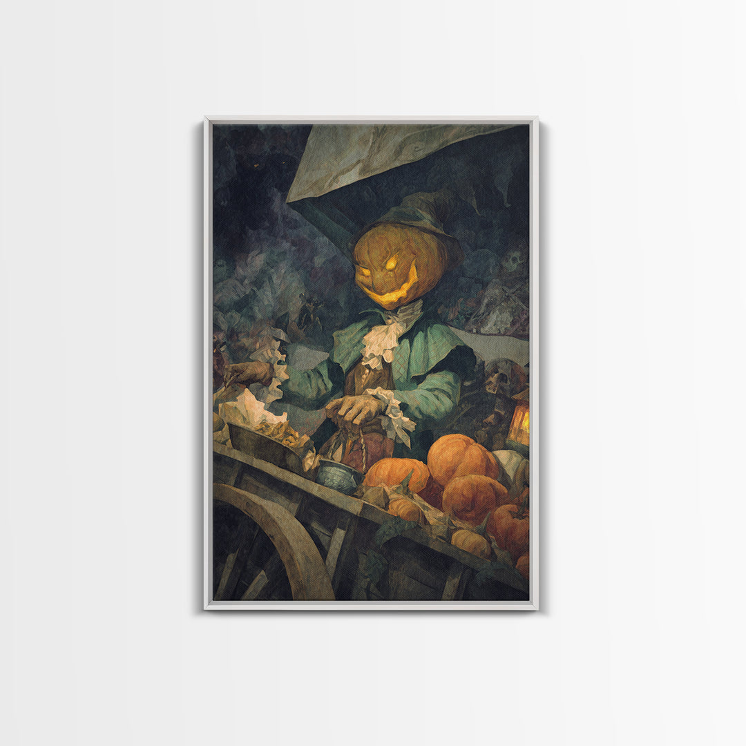 The Pumpkin-Headed Tea Merchant, Dark Symbolist Art, Vertical Wall Art, Dark Halloween Decor, Canvas Print, Halloween Wall Art