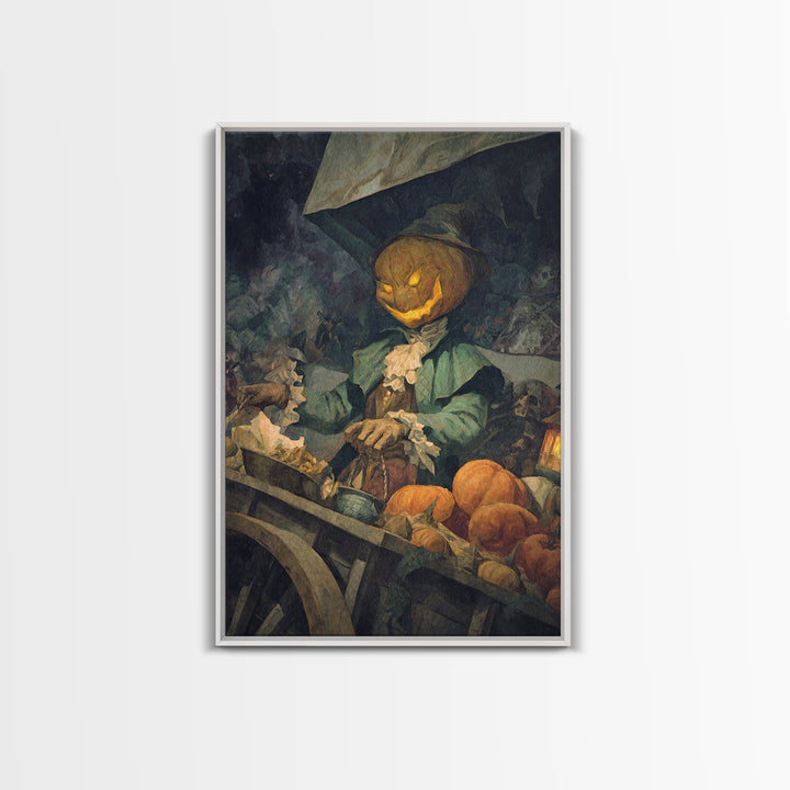 The Pumpkin-Headed Tea Merchant, Dark Symbolist Art, Vertical Wall Art, Dark Halloween Decor, Canvas Print, Halloween Wall Art