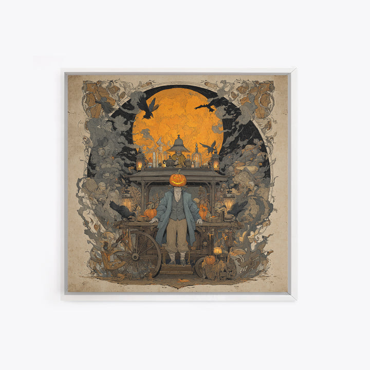 The Pumpkin-Headed Tea Merchant, Symbolist Etching Art, Square Wall Art, Macabre Wall Art, Framed Canvas Print, Halloween Wall Art