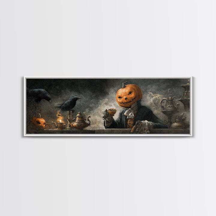 The Pumpkin-Headed Tea Merchant, Expressionist Nightmare Art, Extra Wide Wall Art, Gothic Horror Wall Art, Canvas Print, Halloween Wall Art