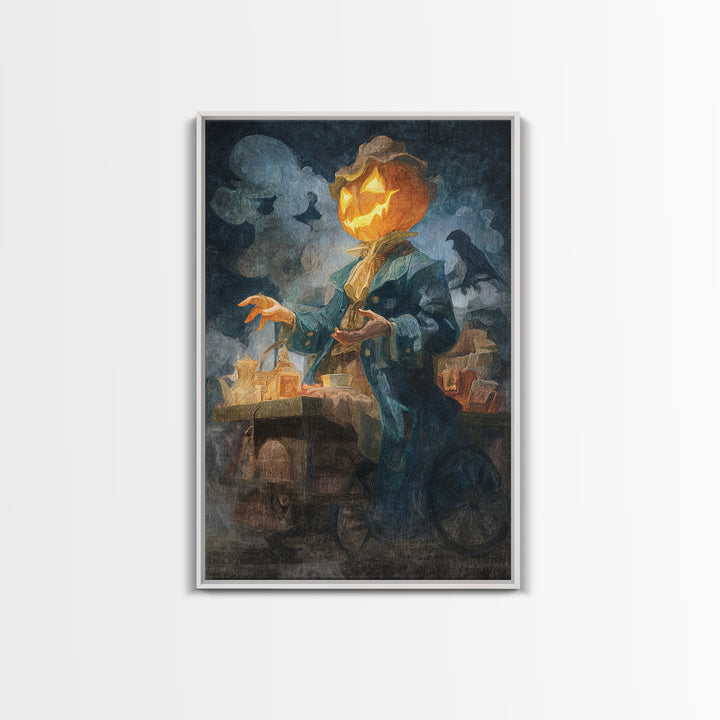 The Pumpkin-Headed Tea Merchant, Expressionist Gothic Art, Vertical Wall Art, Dark Halloween Decor, Canvas Print, Halloween Wall Art