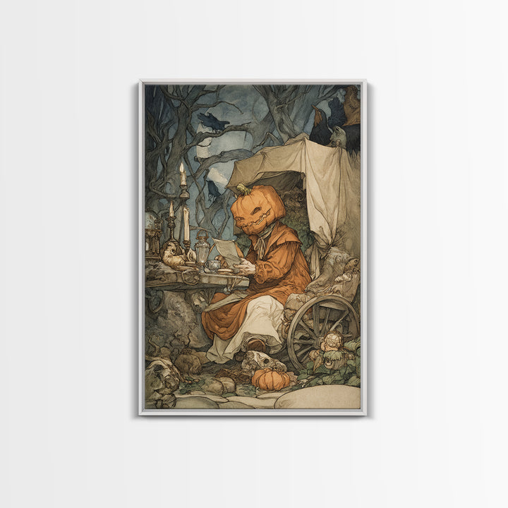 The Pumpkin-Headed Tea Merchant, Gothic Storybook Art, Vertical Wall Art, Dark Fantasy Wall Art, Framed Canvas Print