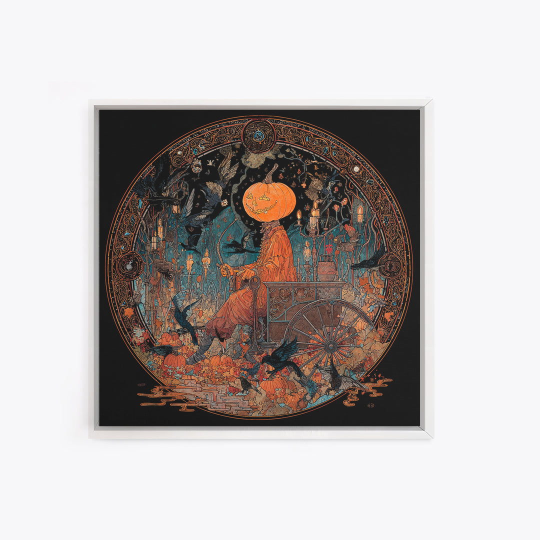 The Pumpkin-Headed Tea Merchant, Stained Glass Gothic Art, Square Wall Art, Macabre Wall Art, Canvas Print, Halloween Wall Art