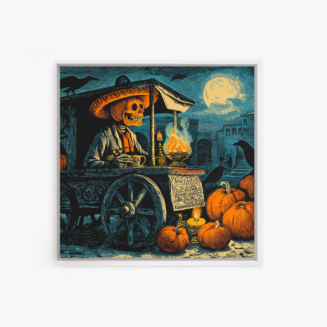 The Pumpkin-Headed Tea Merchant, Macabre Folk Print Art, Square Wall Art, Dark Halloween Decor, Canvas Print, Halloween Wall Art