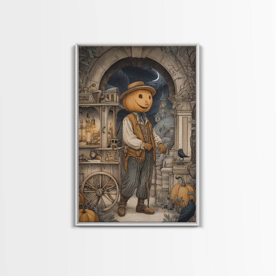 The Pumpkin-Headed Tea Merchant, Victorian Macabre Art, Vertical Wall Art, Macabre Wall Art, Framed Canvas Print, Halloween Wall Art