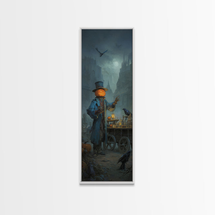 The Pumpkin-Headed Tea Merchant, Surreal Apocalyptic Art, Tall Narrow Wall Art, Gothic Horror Wall Art, Framed Canvas Print