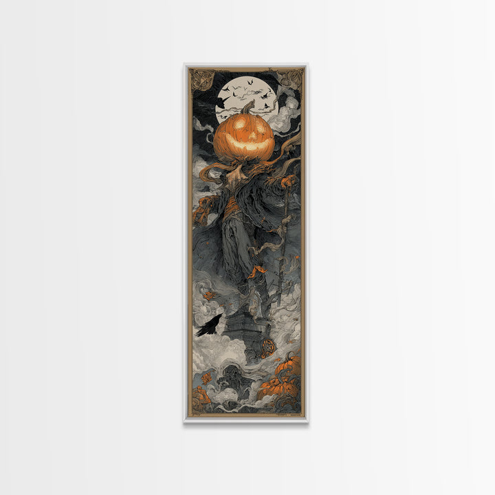 The Pumpkin-Headed Tea Merchant, Biomechanical Horror Art, Tall Narrow Wall Art, Macabre Wall Art, Canvas Print, Halloween Wall Art