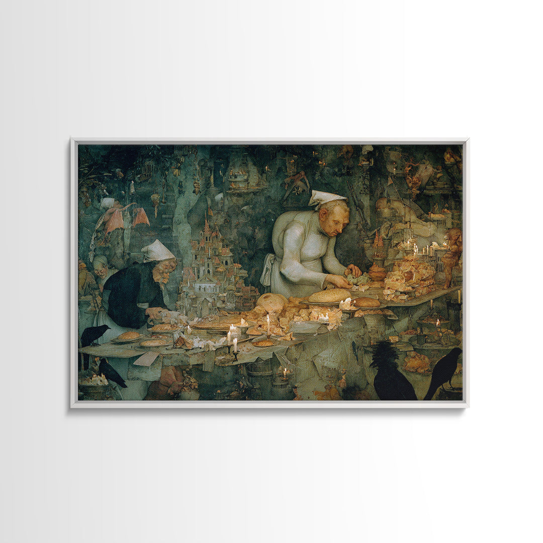 The Ghost Bakery, Medieval Grotesque Art, Landscape Wall Art, Macabre Wall Art, Framed Canvas Print, Halloween Wall Art