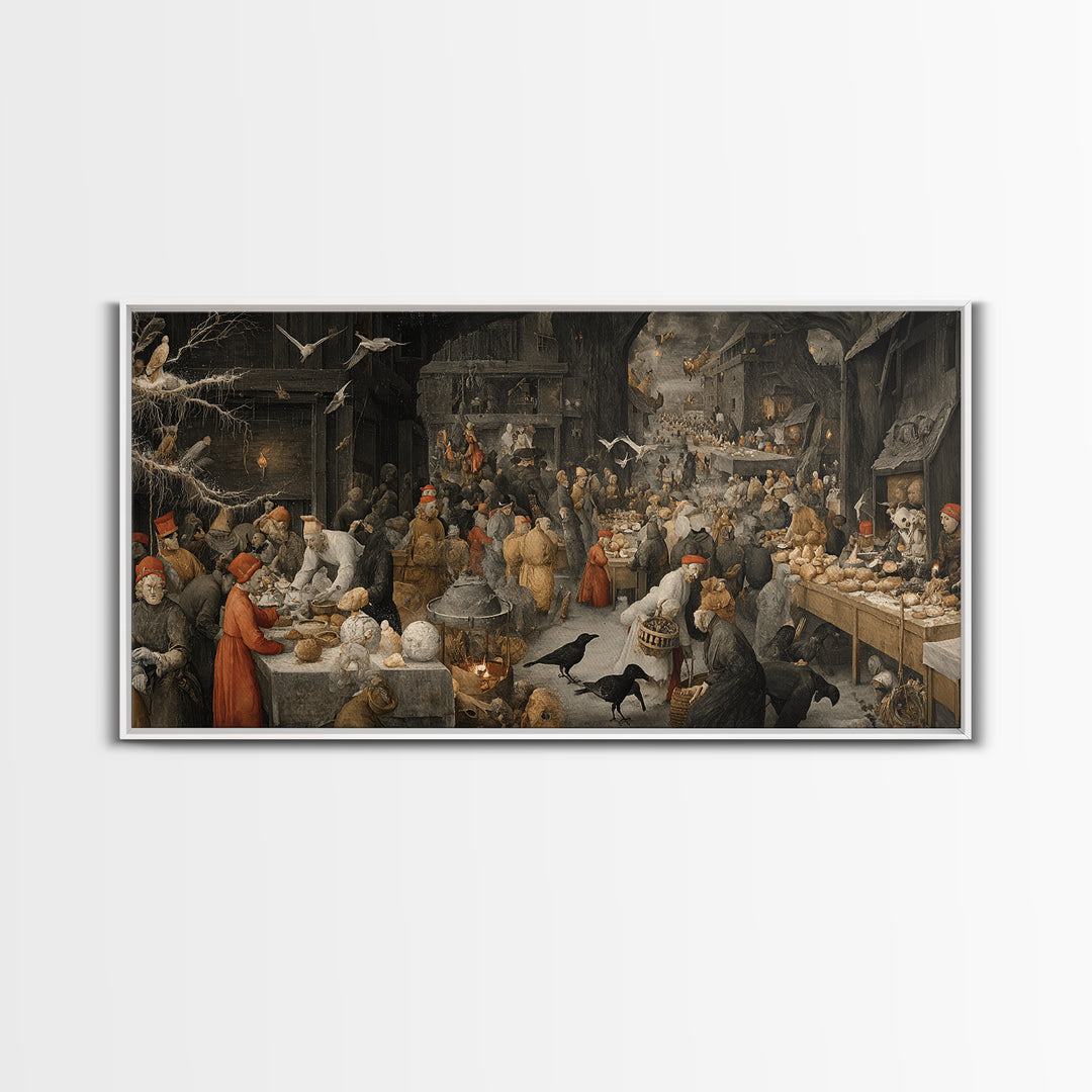 The Ghost Bakery, Northern Renaissance Horror, Wide Panoramic Art, Dark Halloween Decor, Framed Canvas Print, Halloween Wall Art