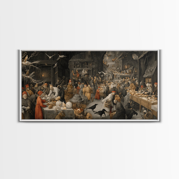 The Ghost Bakery, Northern Renaissance Horror, Wide Panoramic Art, Dark Halloween Decor, Framed Canvas Print, Halloween Wall Art
