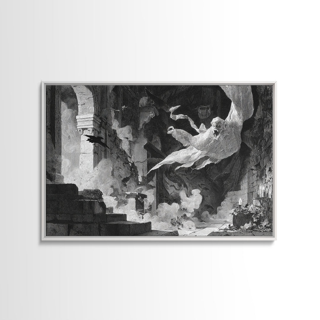 The Ghost Bakery, Architectural Etching Art, Landscape Wall Art, Macabre Wall Art, Framed Canvas Print, Halloween Wall Art