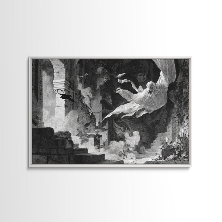 The Ghost Bakery, Architectural Etching Art, Landscape Wall Art, Macabre Wall Art, Framed Canvas Print, Halloween Wall Art