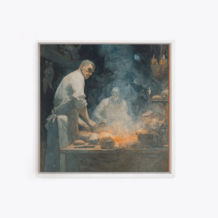 The Ghost Bakery, Symbolist Etching Art, Square Wall Art, Dark Halloween Decor, Framed Canvas Print, Halloween Wall Art