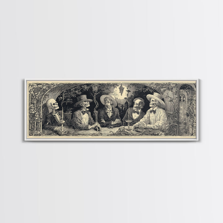The Skeleton Barbershop Quartet, Symbolist Etching Art, Extra Wide Wall Art, Macabre Wall Art, Canvas Print, Halloween Wall Art