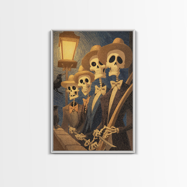 The Skeleton Barbershop Quartet, Expressionist Gothic Art, Vertical Wall Art, Dark Halloween Decor, Framed Canvas Print, Halloween Wall Art