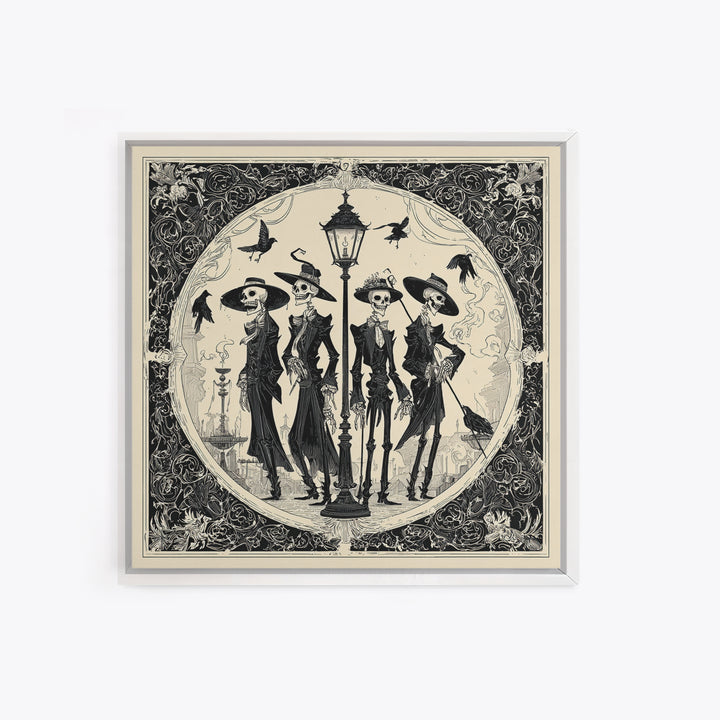 The Skeleton Barbershop Quartet, Decadent Line Art, Square Wall Art, Dark Halloween Decor, Framed Canvas Print