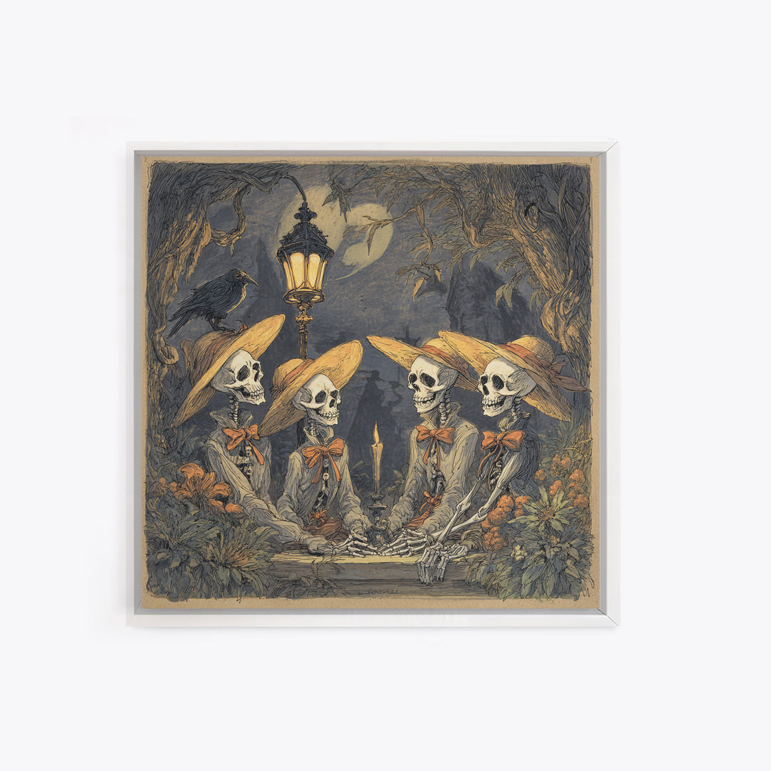 The Skeleton Barbershop Quartet, Gothic Storybook Art, Square Wall Art, Dark Halloween Decor, Framed Canvas Print, Halloween Wall Art