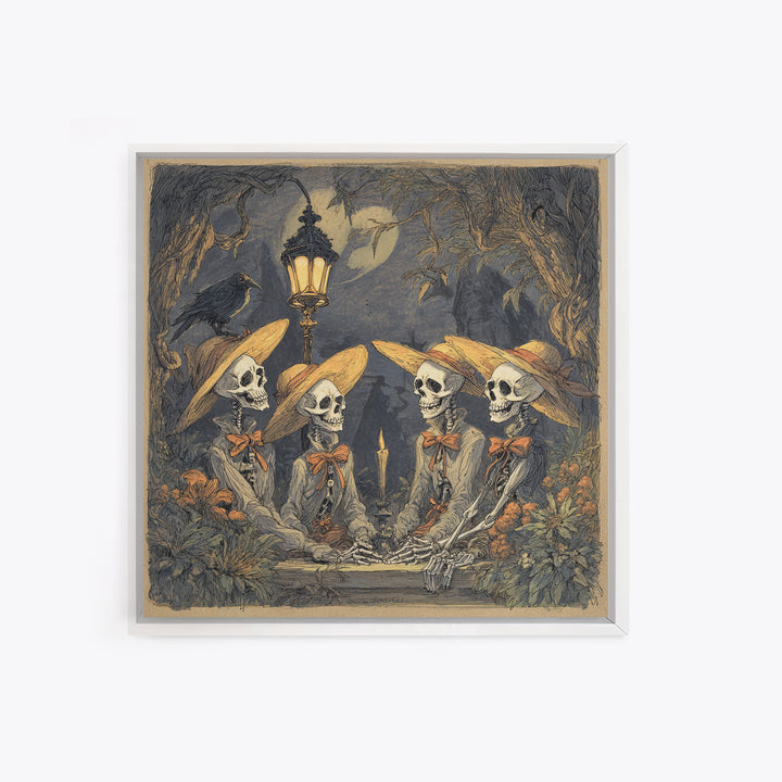 The Skeleton Barbershop Quartet, Gothic Storybook Art, Square Wall Art, Dark Halloween Decor, Framed Canvas Print, Halloween Wall Art