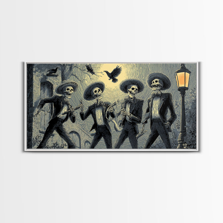 The Skeleton Barbershop Quartet, Macabre Folk Print Art, Wide Panoramic Art, Dark Halloween Decor, Canvas Print