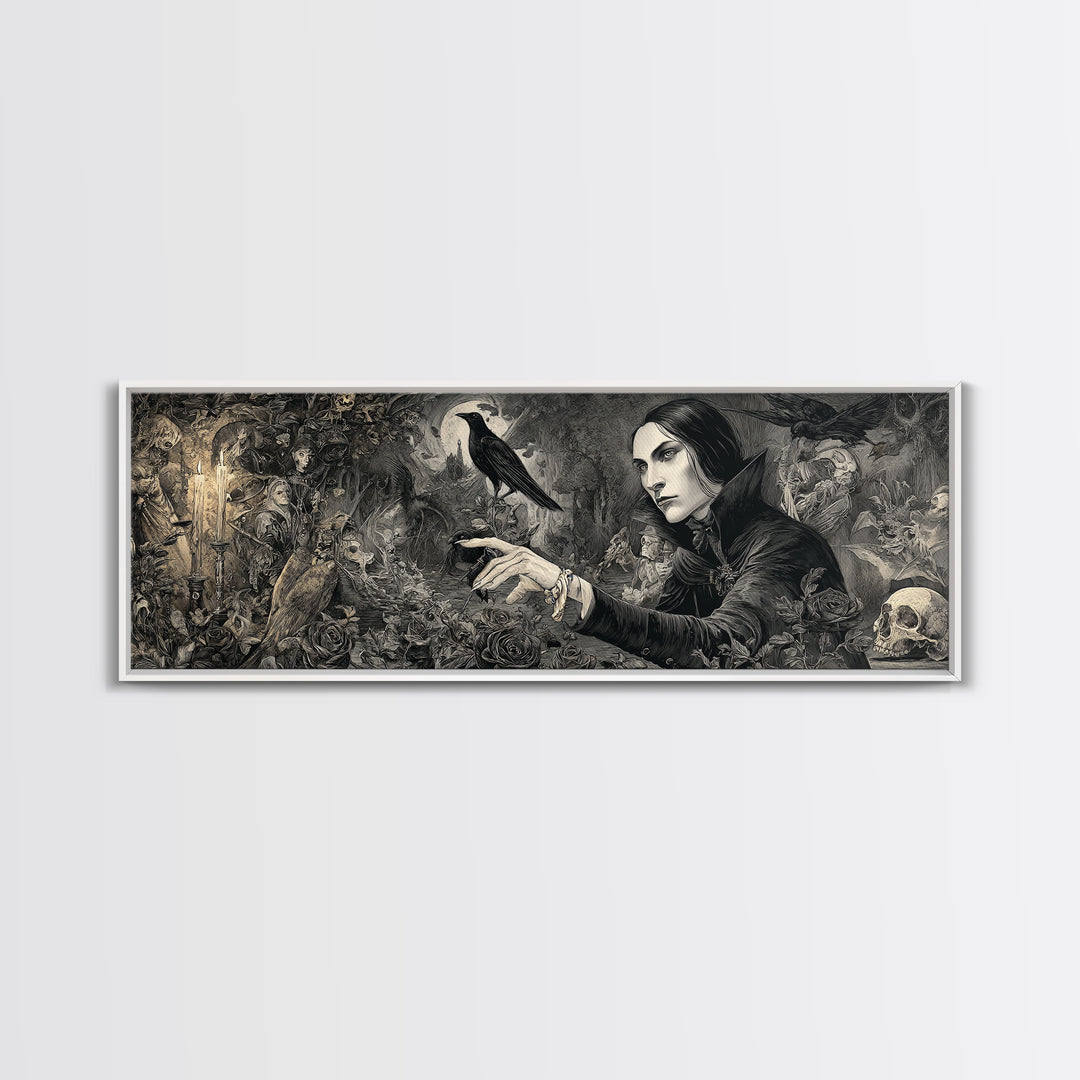 The Vampire Florist, Medieval Grotesque Art, Extra Wide Wall Art, Gothic Horror Wall Art, Framed Canvas Print, Halloween Wall Art