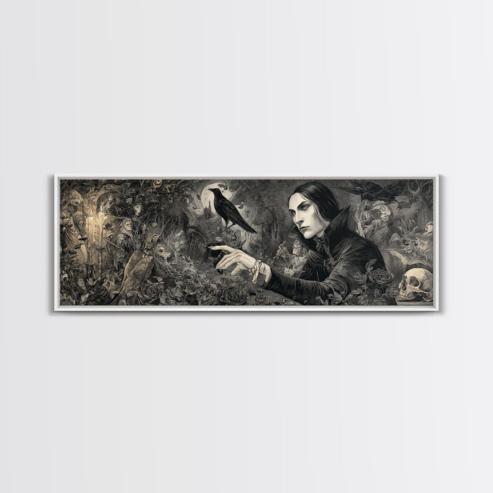 The Vampire Florist, Medieval Grotesque Art, Extra Wide Wall Art, Gothic Horror Wall Art, Framed Canvas Print, Halloween Wall Art