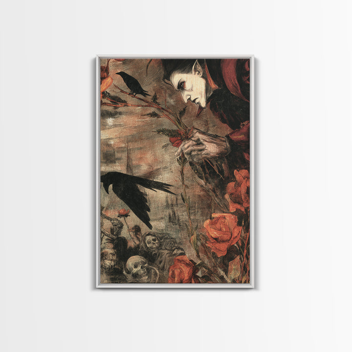 The Vampire Florist, Dark Renaissance Art, Vertical Wall Art, Dark Fantasy Wall Art, Canvas Print, Halloween Wall Art