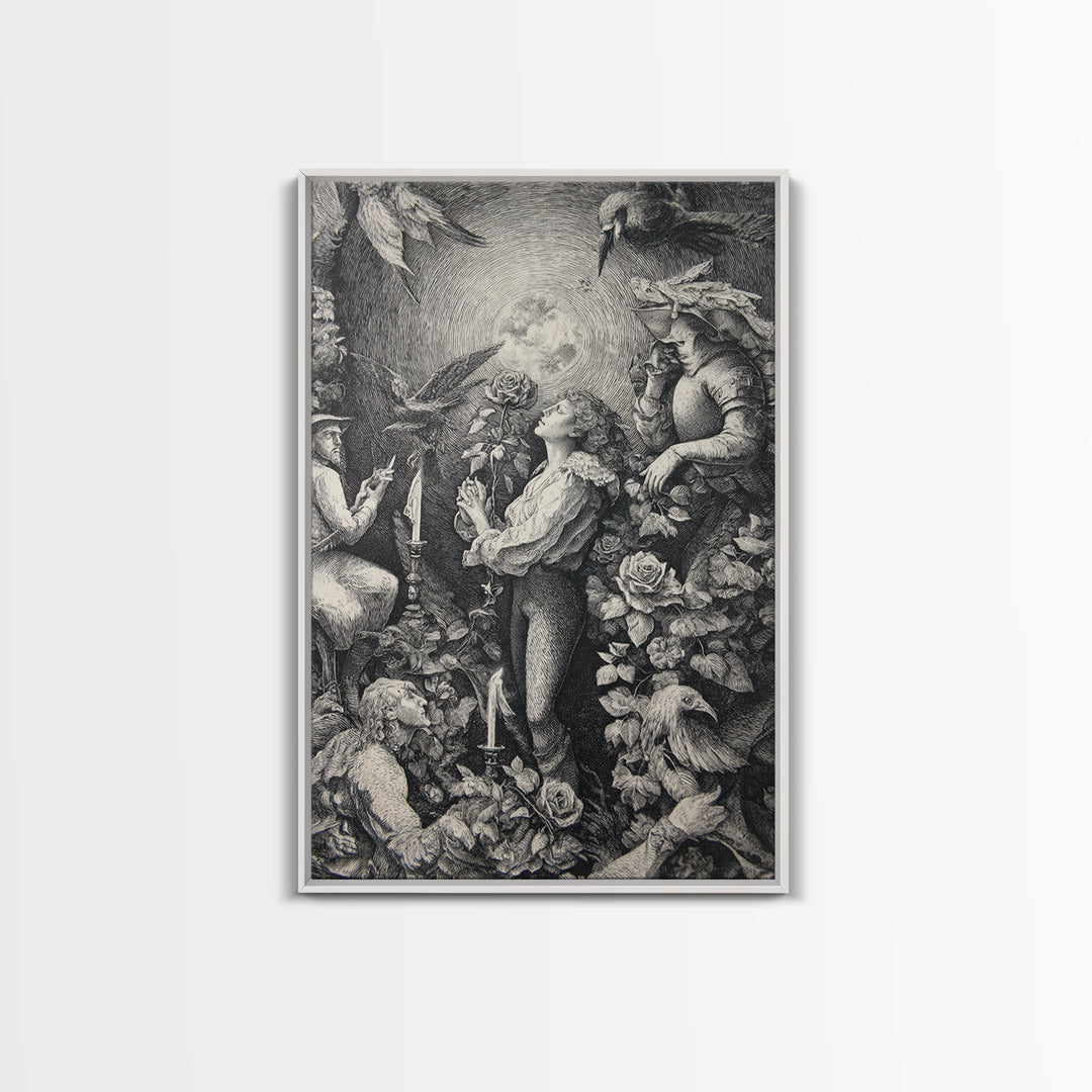 The Vampire Florist, Renaissance Engraving Art, Vertical Wall Art, Dark Fantasy Wall Art, Framed Canvas Print, Halloween Wall Art