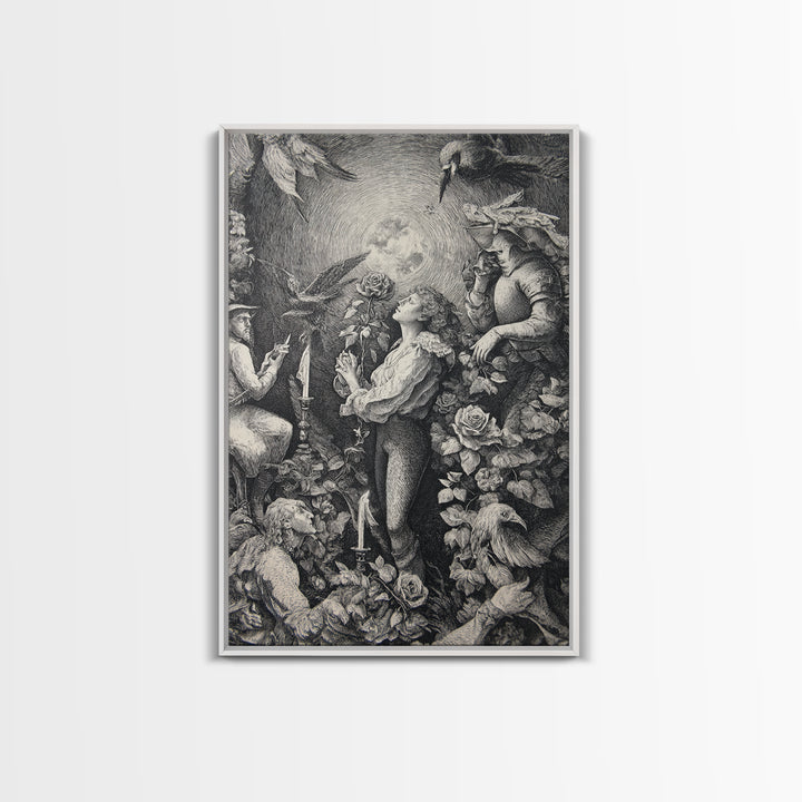 The Vampire Florist, Renaissance Engraving Art, Vertical Wall Art, Dark Fantasy Wall Art, Framed Canvas Print, Halloween Wall Art