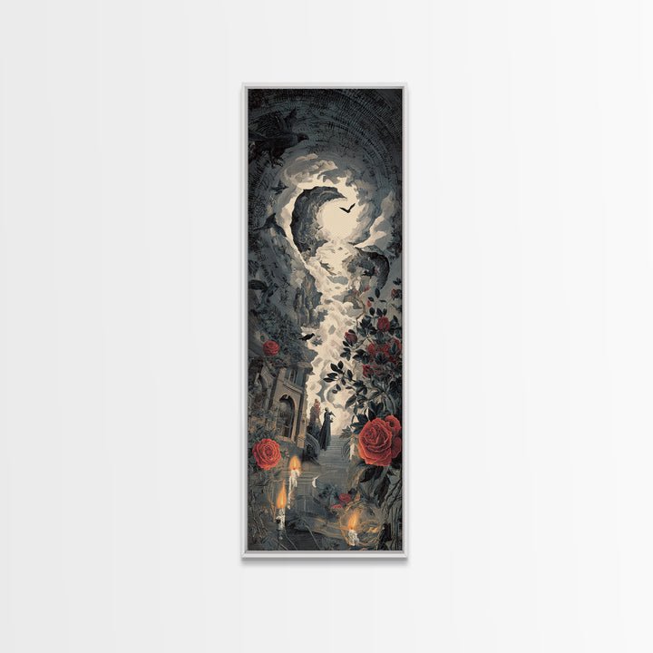 The Vampire Florist, Architectural Etching Art, Tall Narrow Wall Art, Gothic Horror Wall Art, Framed Canvas Print