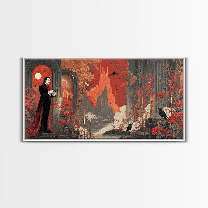 The Vampire Florist, Apocalyptic Romantic Art, Wide Panoramic Art, Dark Fantasy Wall Art, Framed Canvas Print, Halloween Wall Art