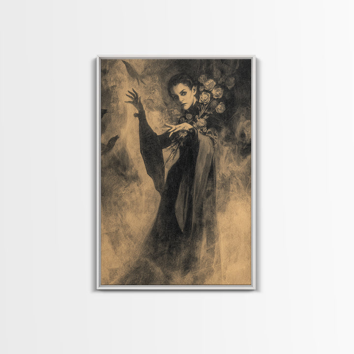 The Vampire Florist, Symbolist Dream Art, Vertical Wall Art, Macabre Wall Art, Framed Canvas Print, Halloween Wall Art