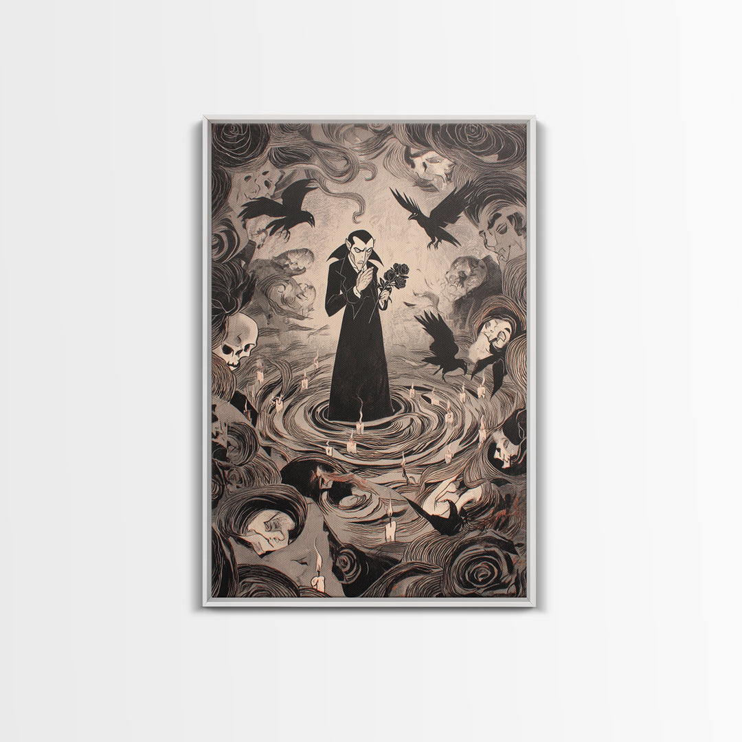 The Vampire Florist, Expressionist Gothic Art, Vertical Wall Art, Macabre Wall Art, Framed Canvas Print, Halloween Wall Art