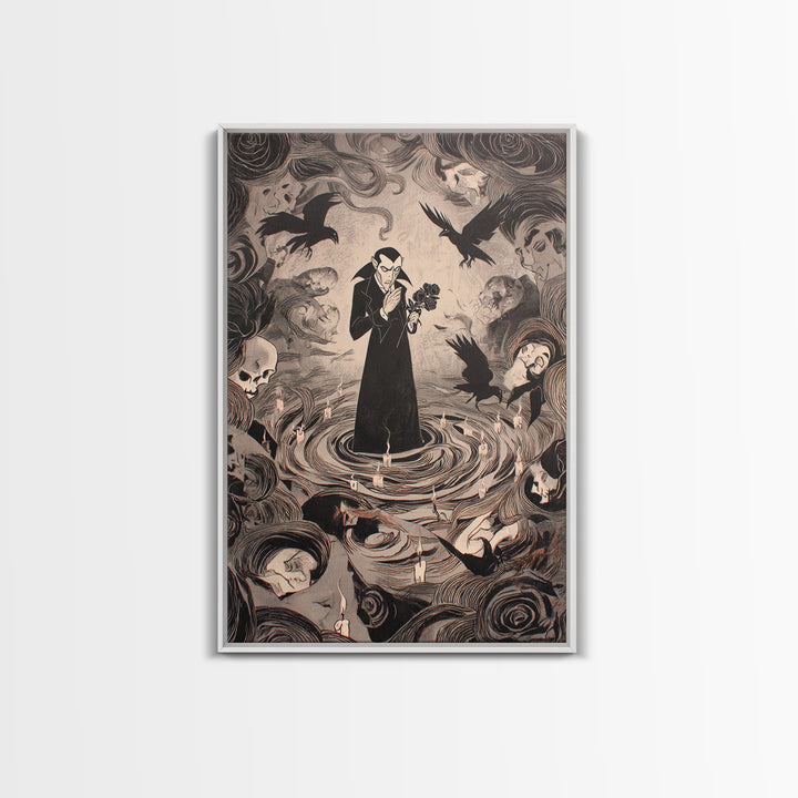 The Vampire Florist, Expressionist Gothic Art, Vertical Wall Art, Macabre Wall Art, Framed Canvas Print, Halloween Wall Art