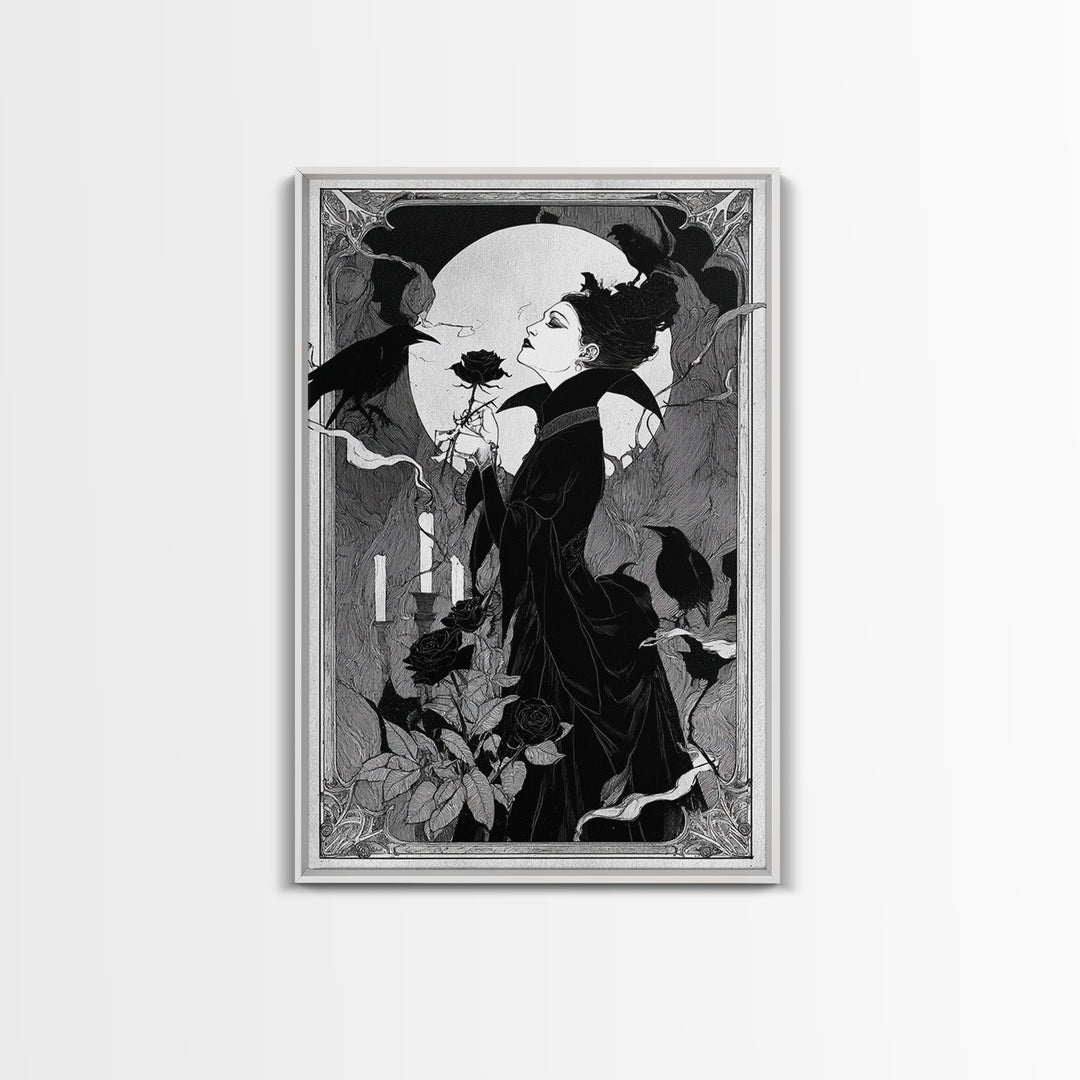 The Vampire Florist, Decadent Line Art, Vertical Wall Art, Dark Fantasy Wall Art, Canvas Print, Halloween Wall Art