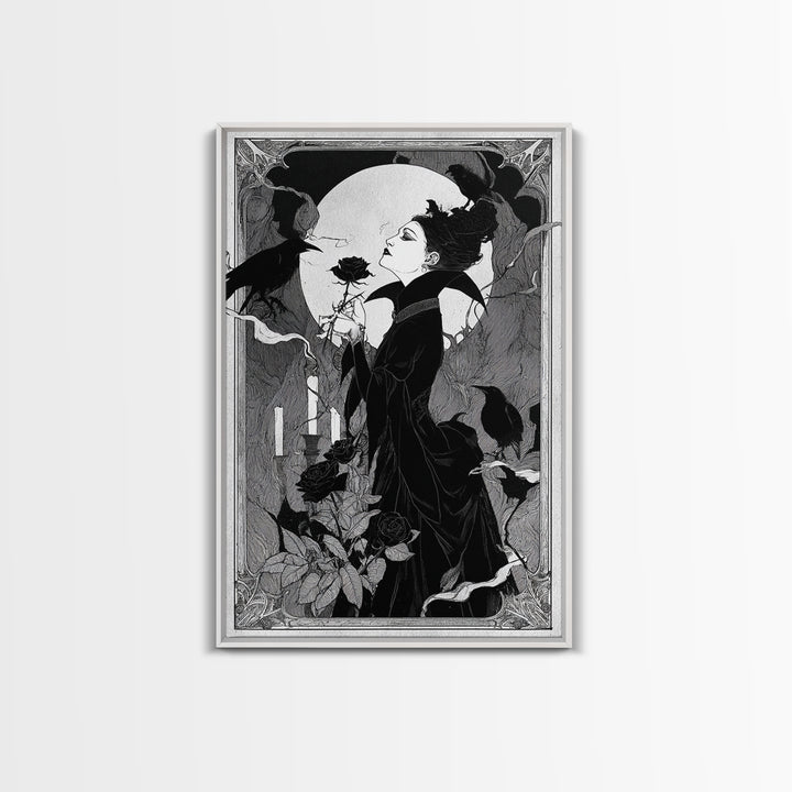 The Vampire Florist, Decadent Line Art, Vertical Wall Art, Dark Fantasy Wall Art, Canvas Print, Halloween Wall Art